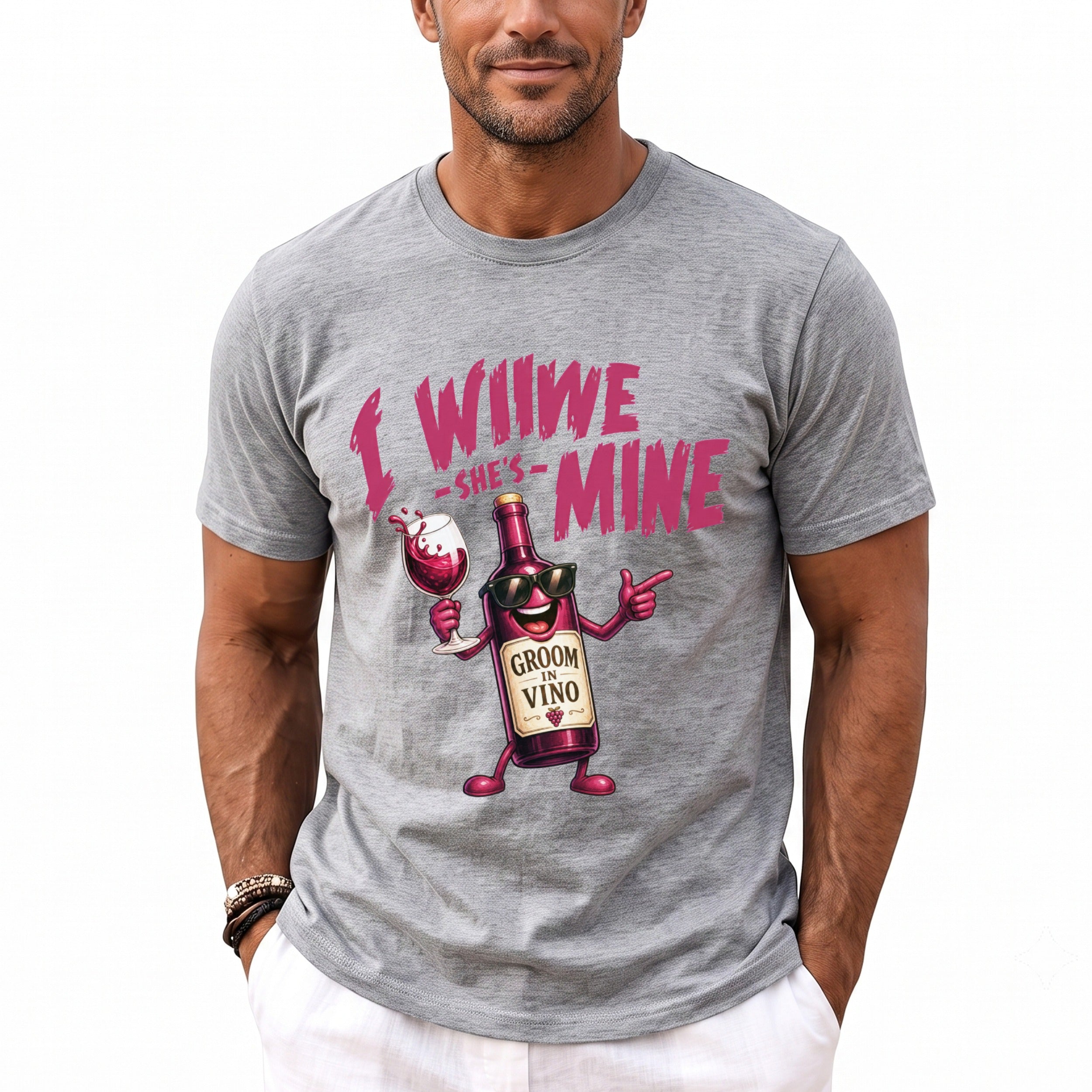 Grey t-shirt with cartoon wine bottle and text "I Wine She's Mine".