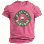 Pink Comfort Colors t-shirt with "Same Hole Forever Bachelor Golf Weekend 2026" graphic.