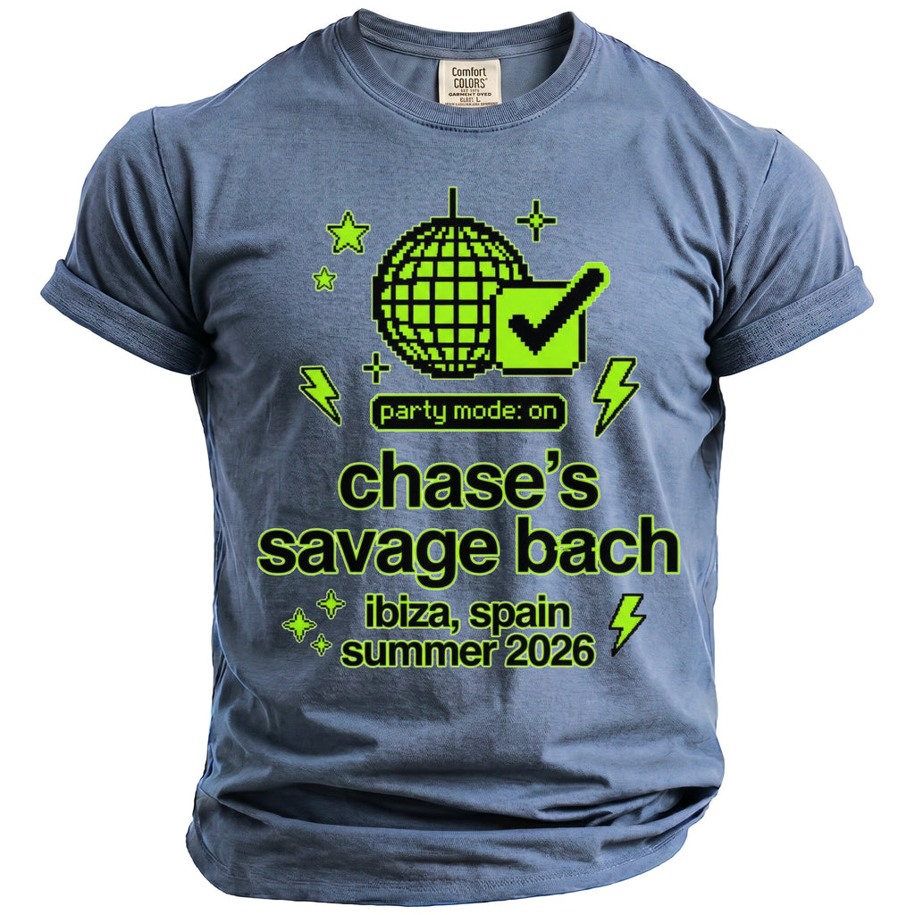 T-shirt with pixelated disco ball, checkmark, and text "party mode: on chase's savage bach ibiza, spain summer 2026".