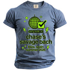 T-shirt with pixelated disco ball, checkmark, and text "party mode: on chase's savage bach ibiza, spain summer 2026".