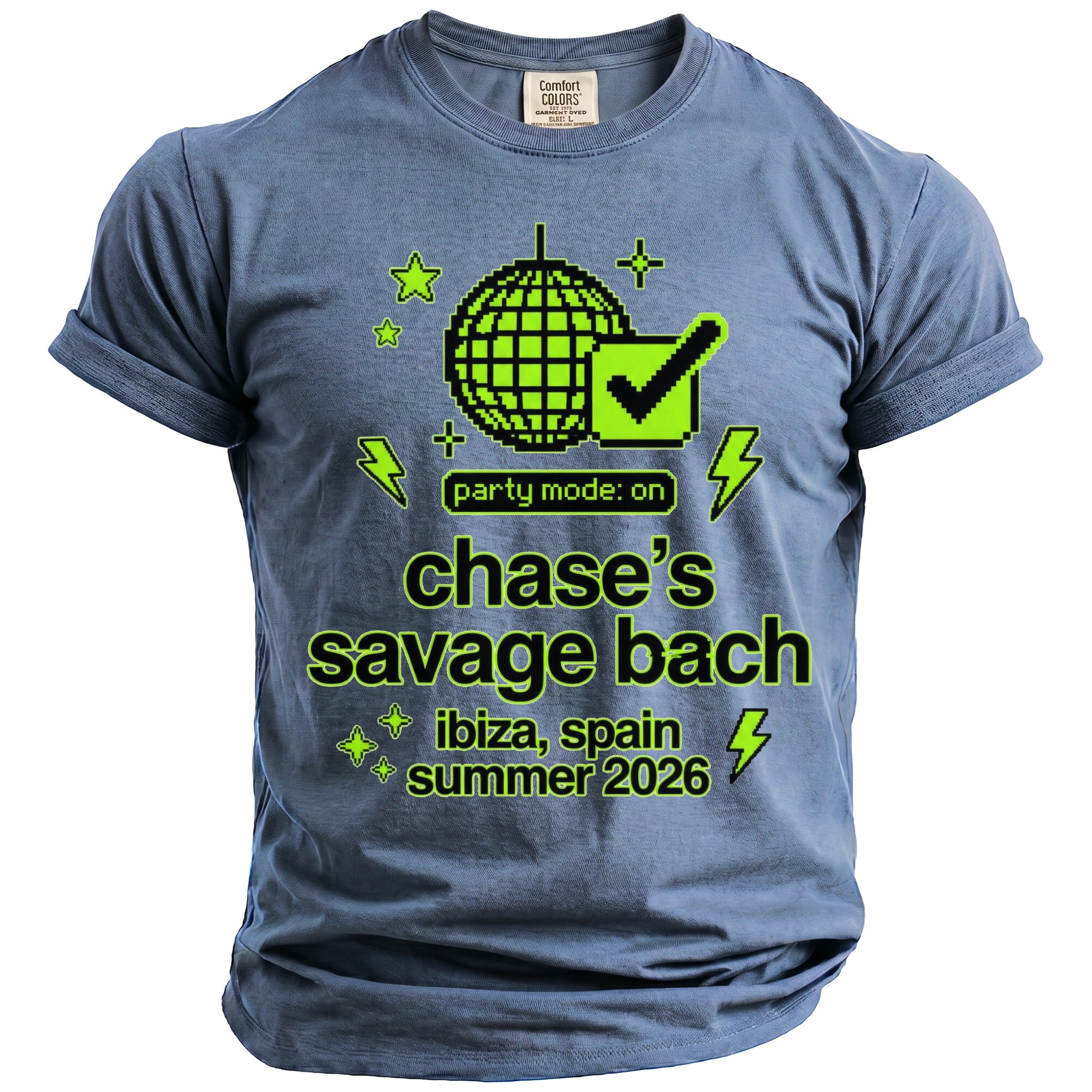 T-shirt with pixelated disco ball, checkmark, and text "party mode: on chase's savage bach ibiza, spain summer 2026".