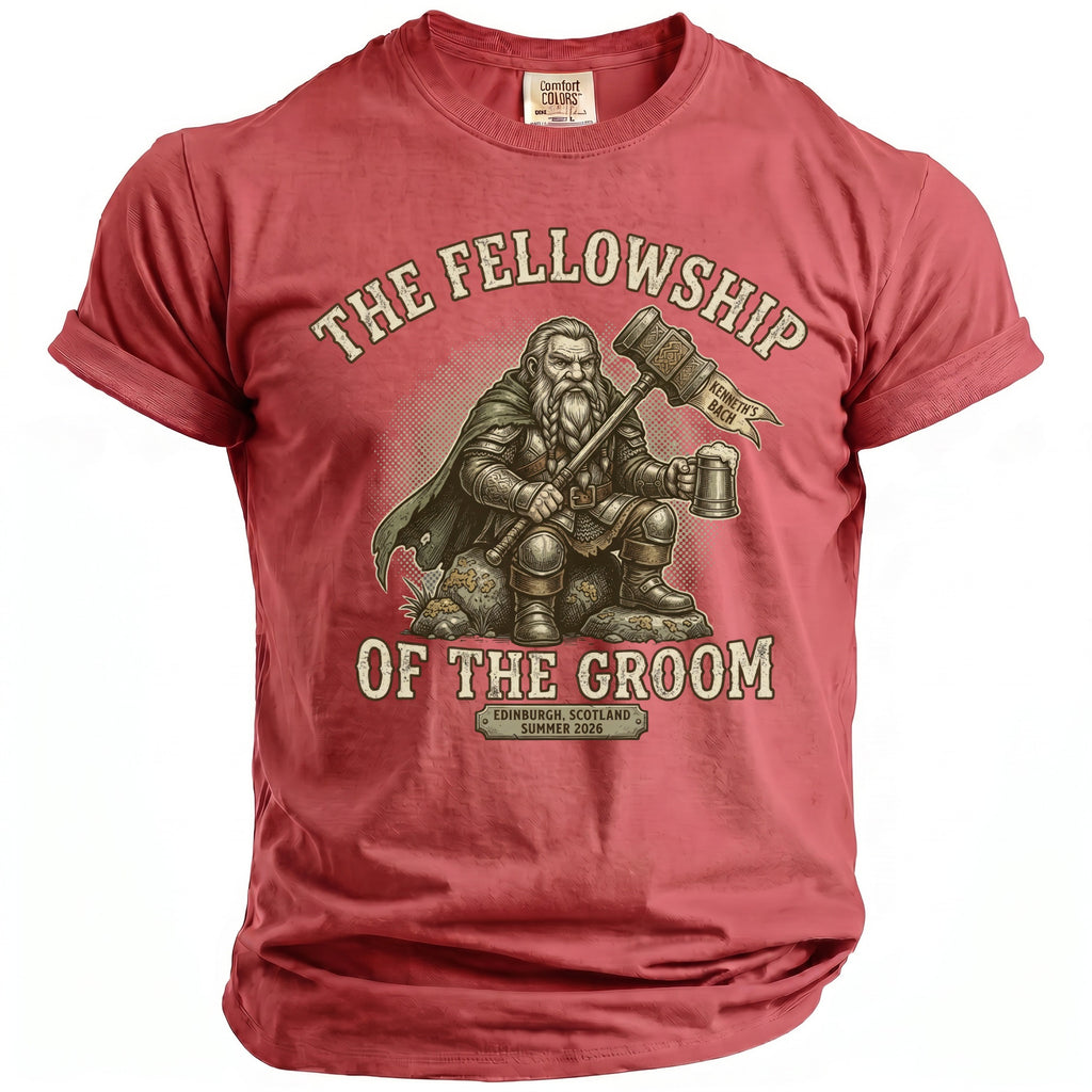 T-shirt with a dwarf holding a hammer and beer mug, "The Fellowship of the Groom" text.