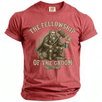 T-shirt with a dwarf holding a hammer and beer mug, "The Fellowship of the Groom" text.