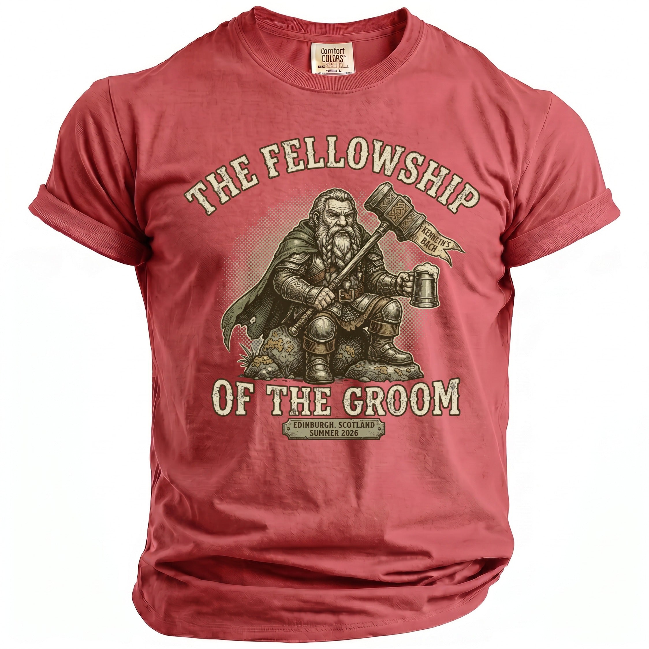 T-shirt with a dwarf holding a hammer and beer mug, "The Fellowship of the Groom" text.