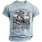 Light blue t-shirt with black graphic of a dragon in a suit playing cards in Las Vegas.