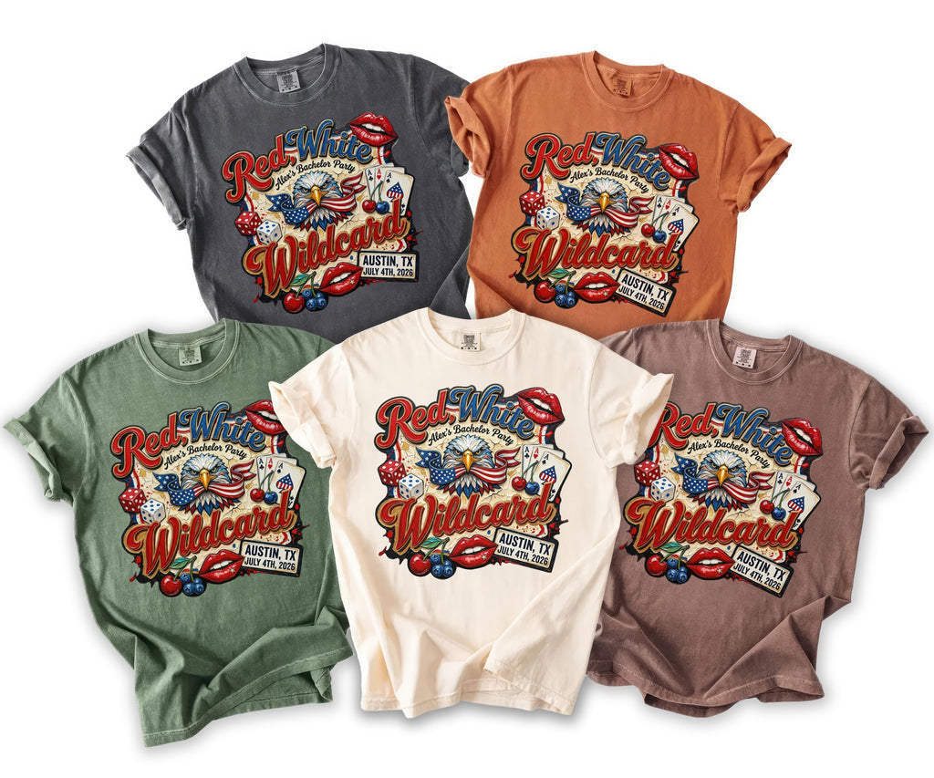 T-shirts featuring an eagle, dice, cards, and text "Red White Wildcard" for a bachelor party.
