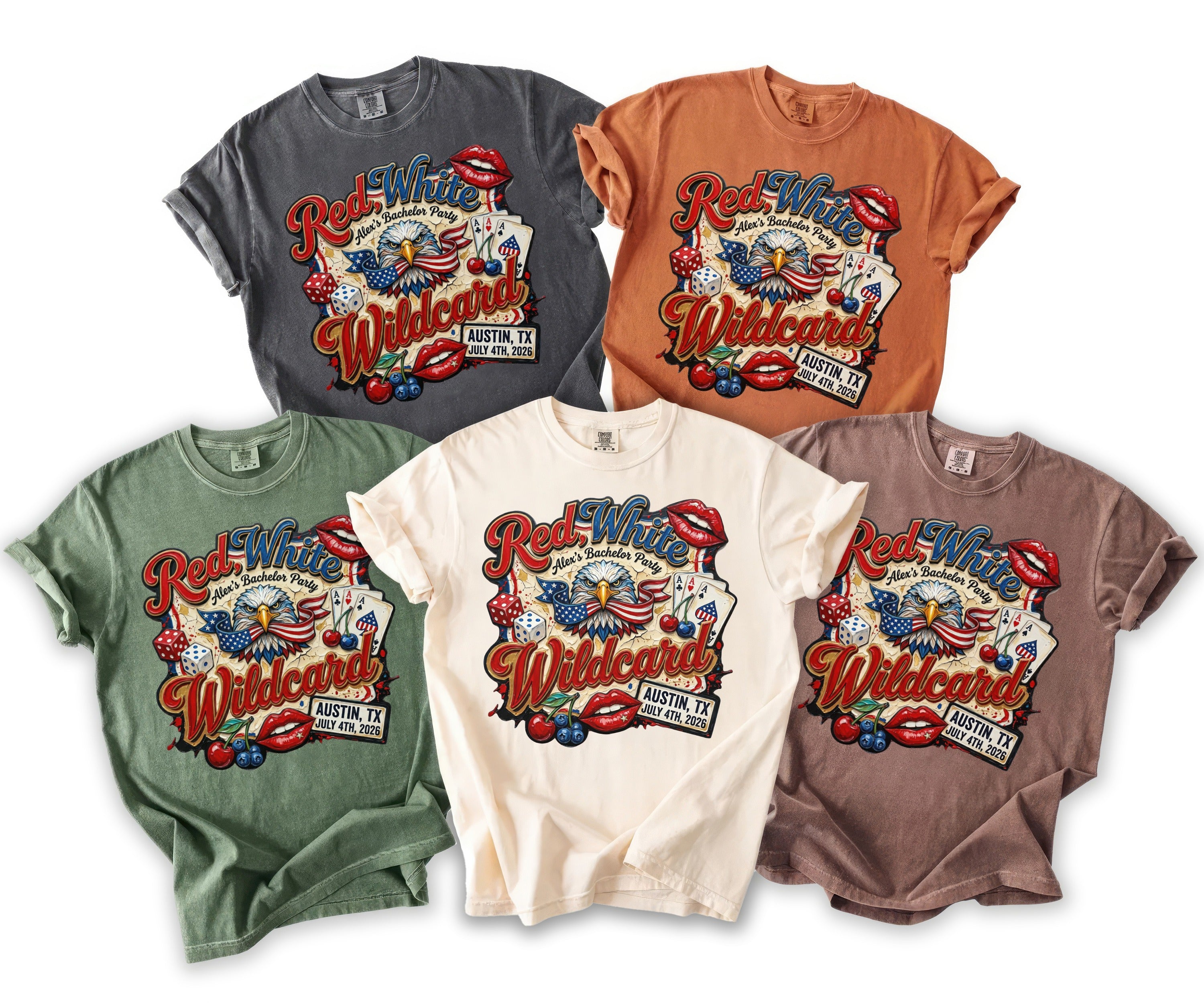 T-shirts featuring an eagle, dice, cards, and text "Red White Wildcard" for a bachelor party.