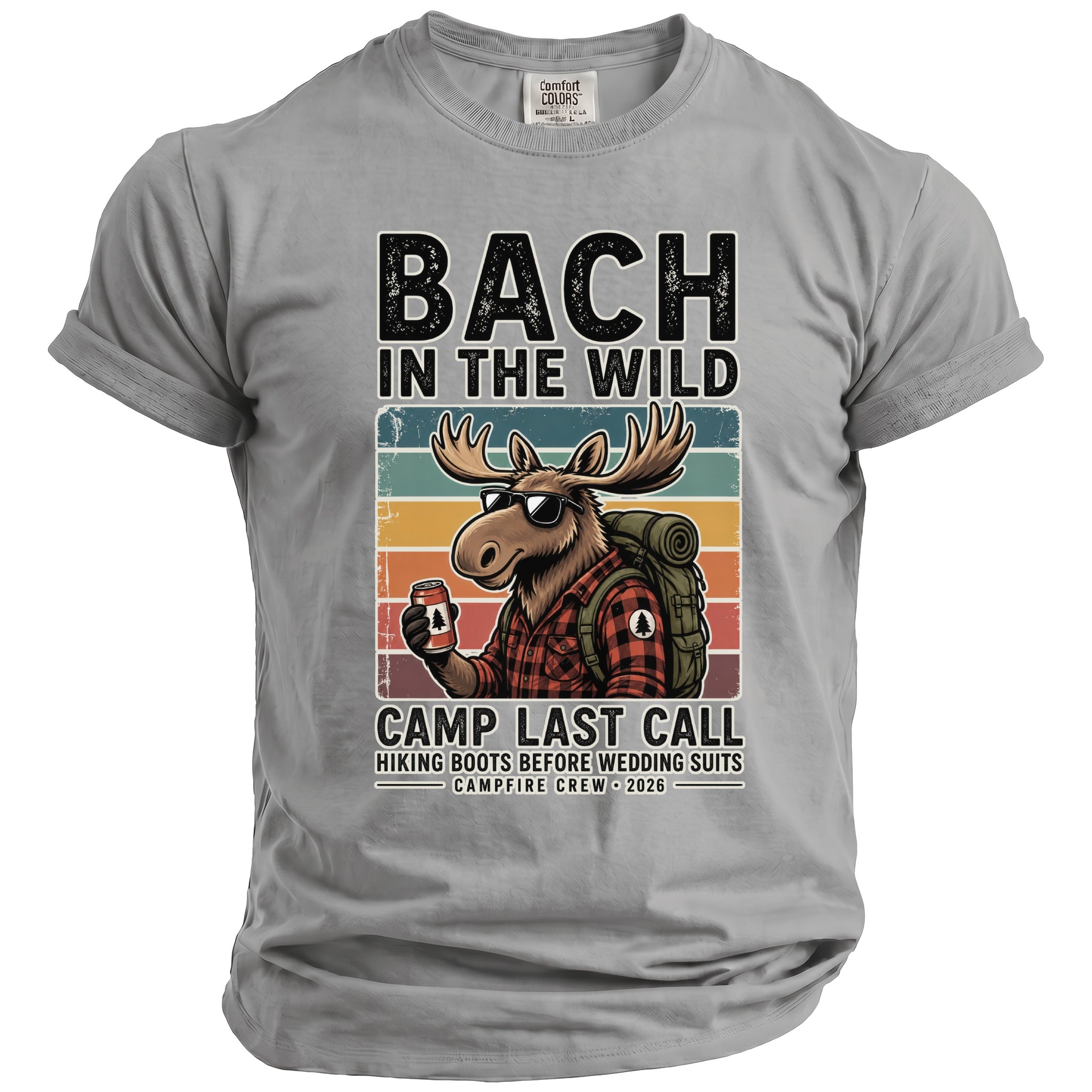 Gray t-shirt with "Bach in the Wild" and a moose graphic.