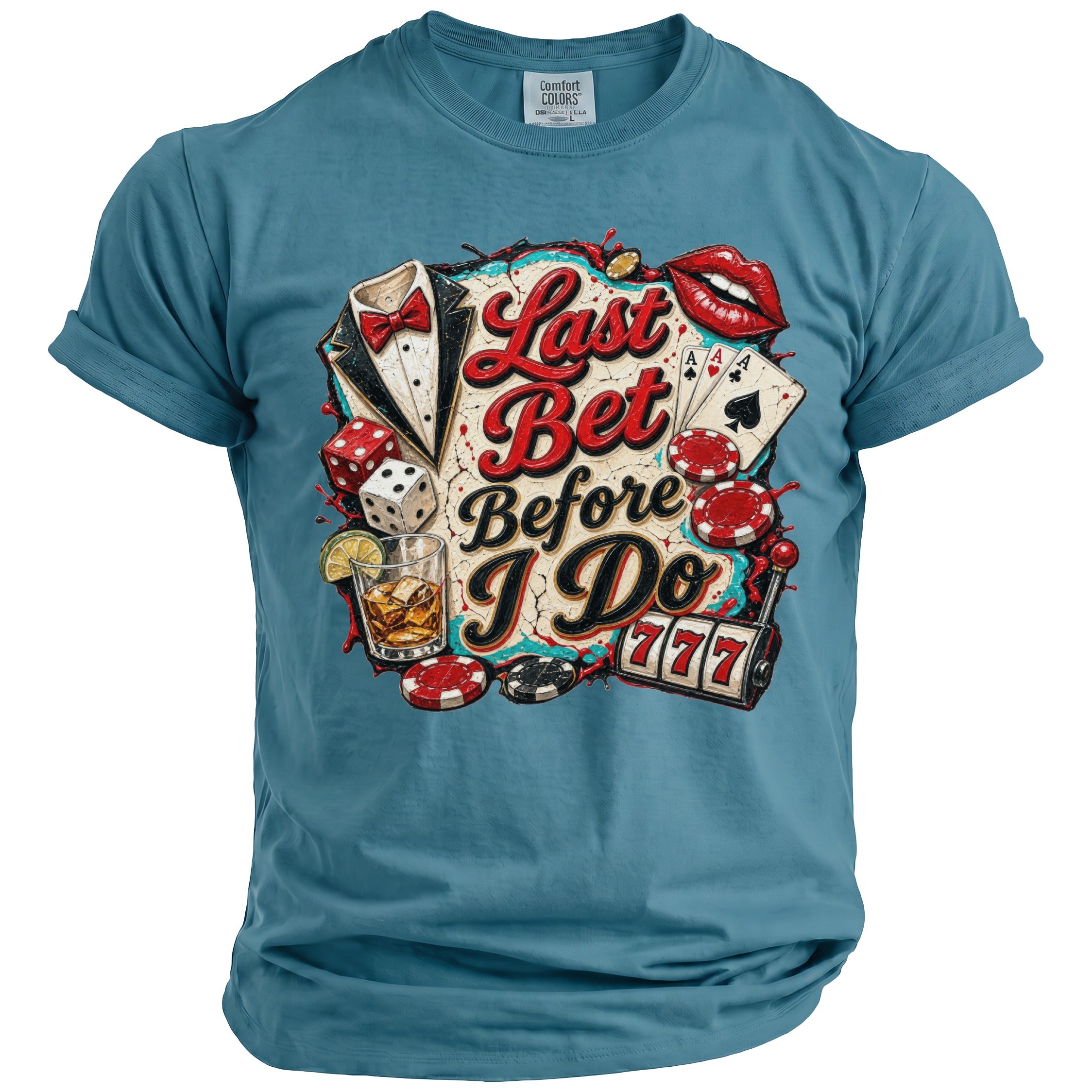 T-shirt with "Last Bet Before I Do" text and casino graphics.