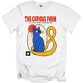 White t-shirt with "The Curious Form" text and a blue cat graphic.