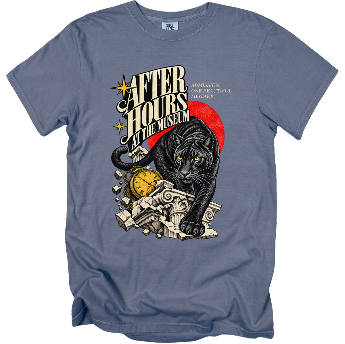 Black panther on broken columns with clock and text "After Hours At The Museum".