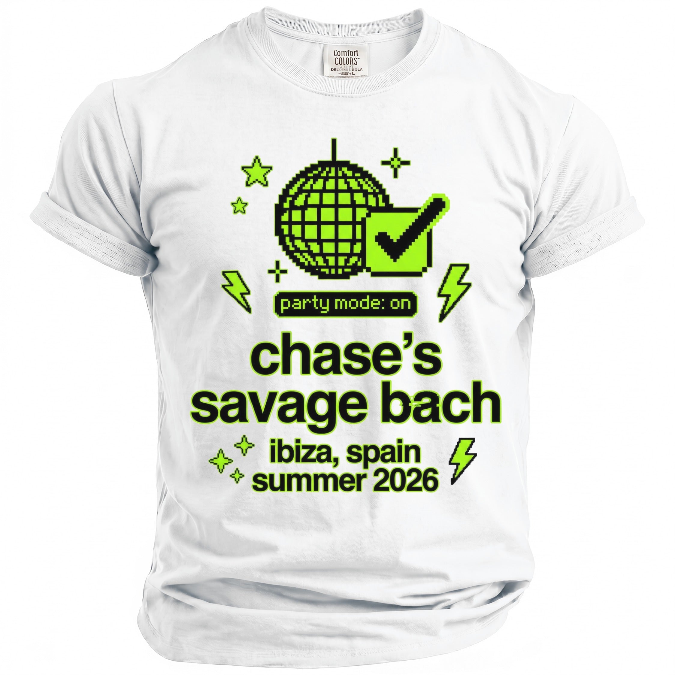 White t-shirt with text "party mode: on chase's savage bach ibiza, spain summer 2026."