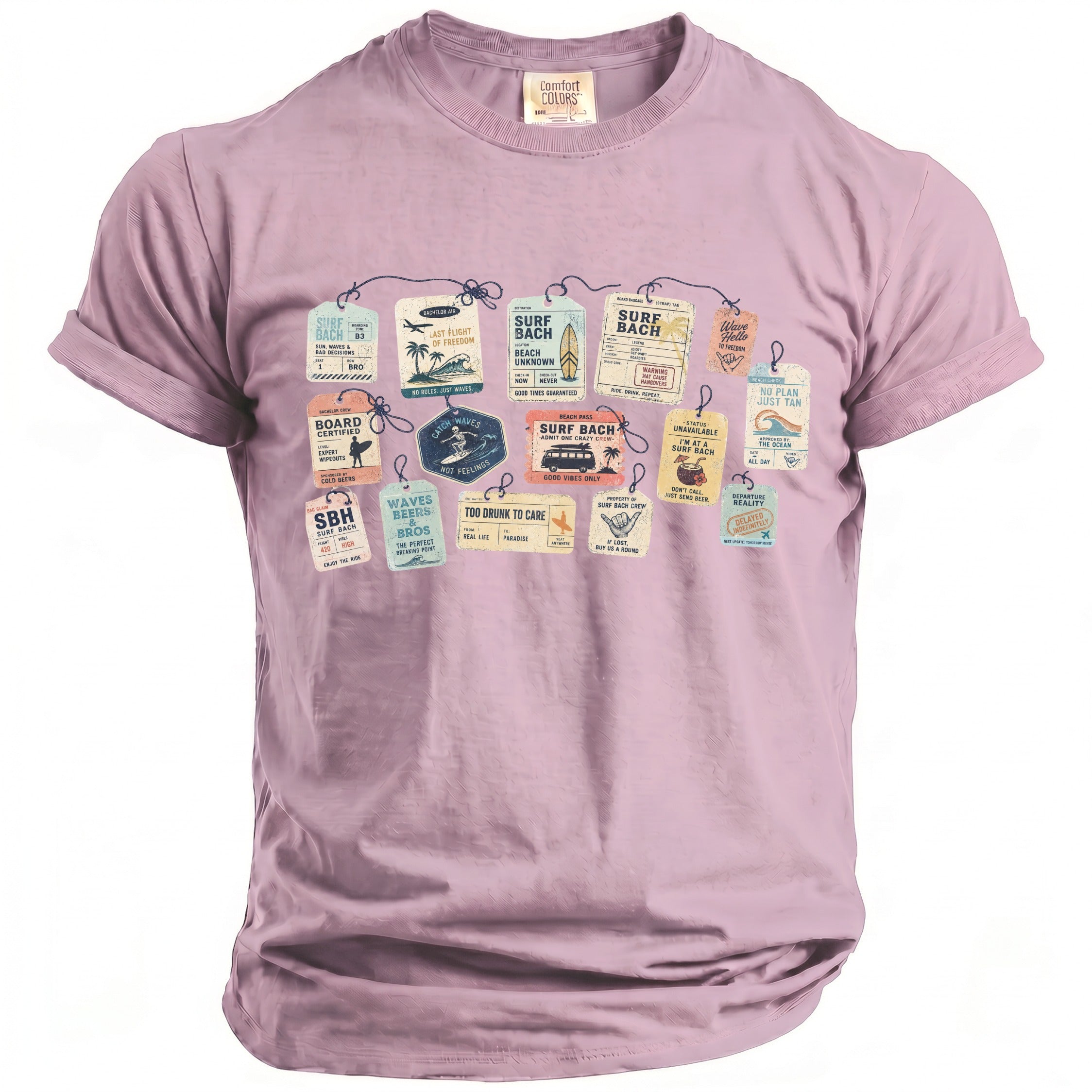 Purple t-shirt with various luggage tags featuring surf and beach-themed graphics and text.