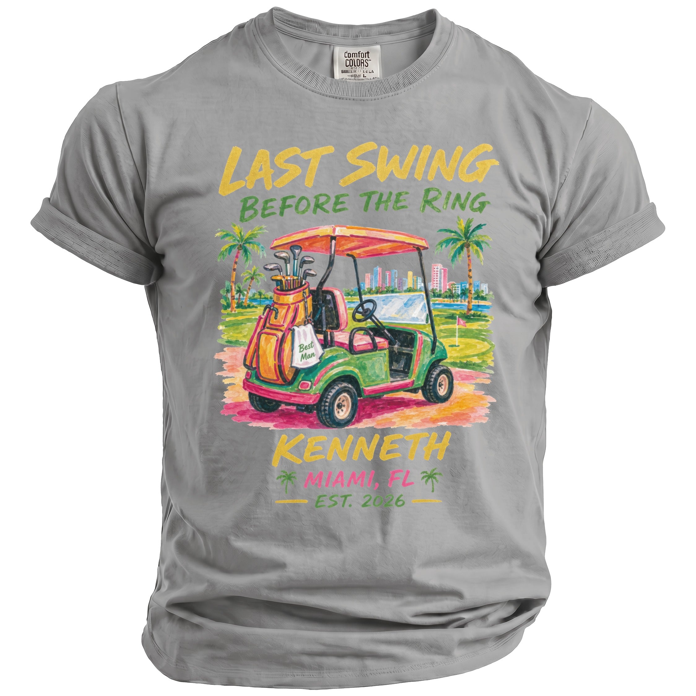 T-shirt graphic: golf cart, clubs, "Last Swing Before the Ring," "Kenneth Miami, FL Est. 2026."