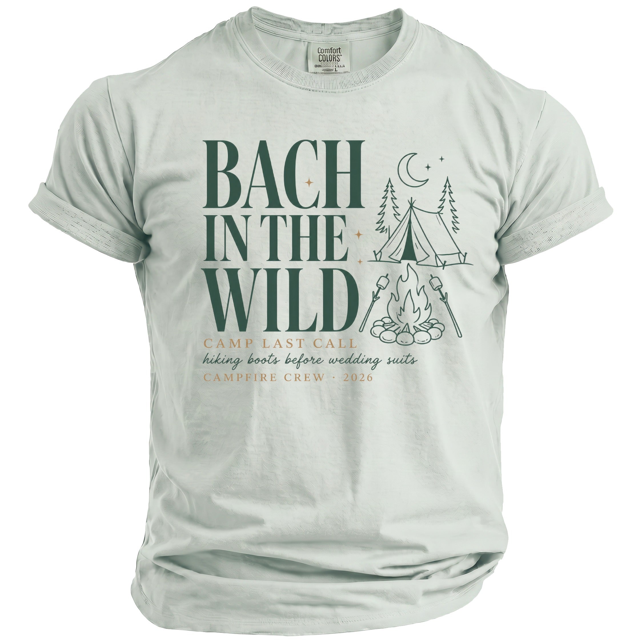 Green t-shirt with "Bach in the Wild" text, tent, campfire, and moon graphic.