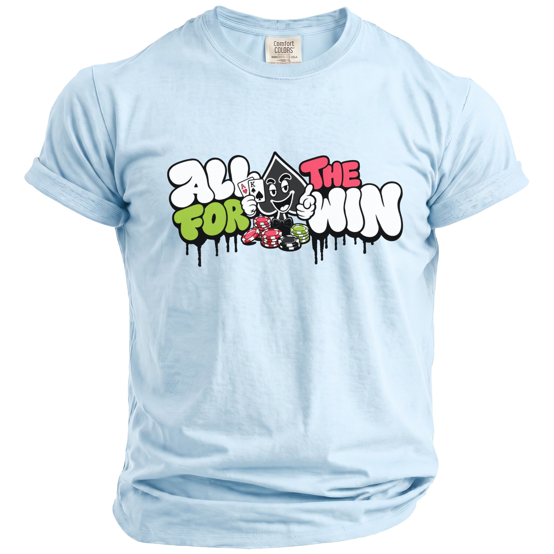 Light blue t-shirt with "All for the win" graphic featuring a cartoon card character and poker chips.