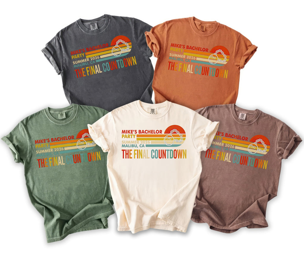 T-shirts with "Mike's Bachelor Party The Final Countdown" graphic.