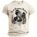 T-shirt with a skeleton in a top hat and suit, "Dark Romance Bachelor" text, and New Orleans details.