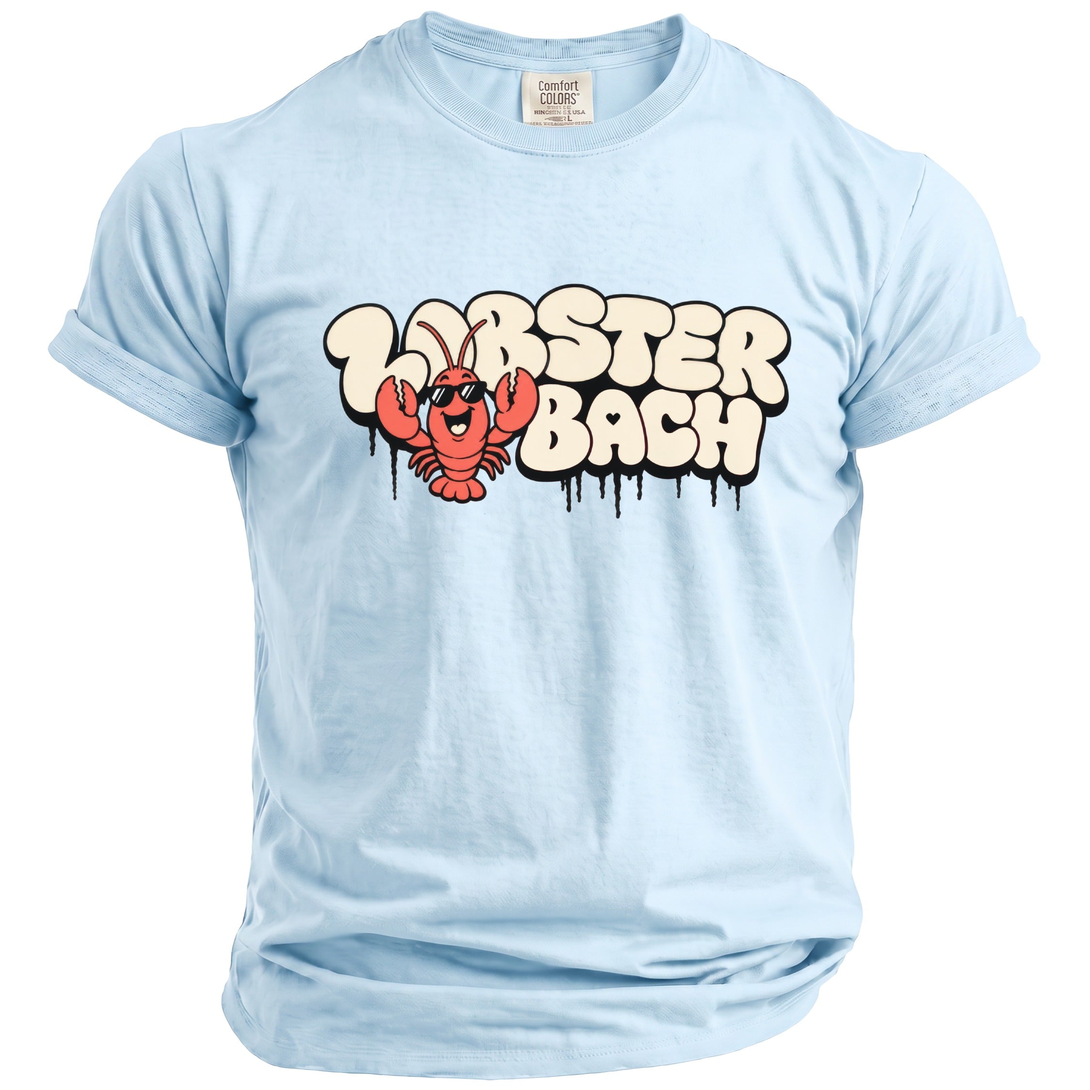 Light blue t-shirt with a cartoon lobster and text that reads "Lobster Bach".