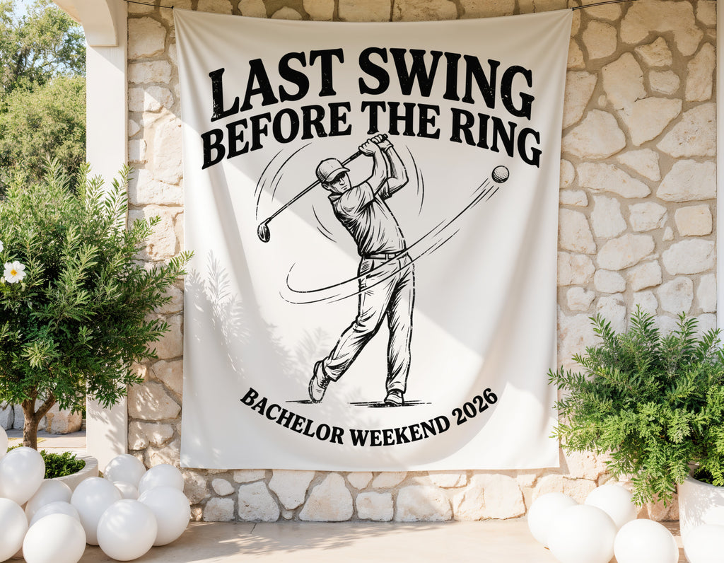 Banner with "Last Swing Before The Ring Bachelor Weekend 2026" and golfer graphic.