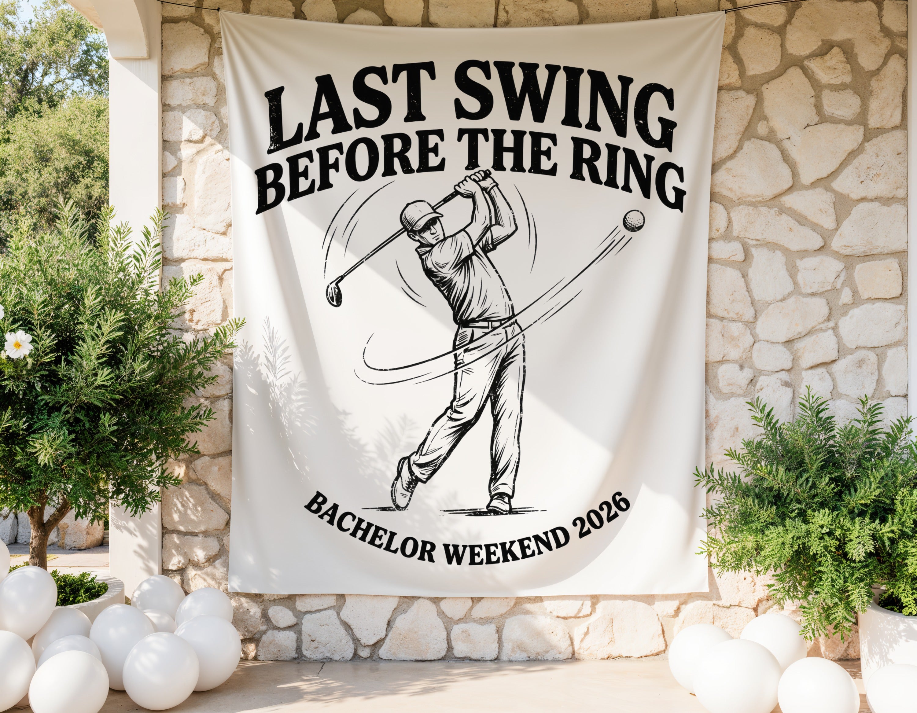 Banner with "Last Swing Before The Ring Bachelor Weekend 2026" and golfer graphic.