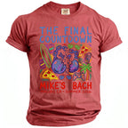 Red t-shirt with "The Final Countdown" above broken chains and summer party icons.