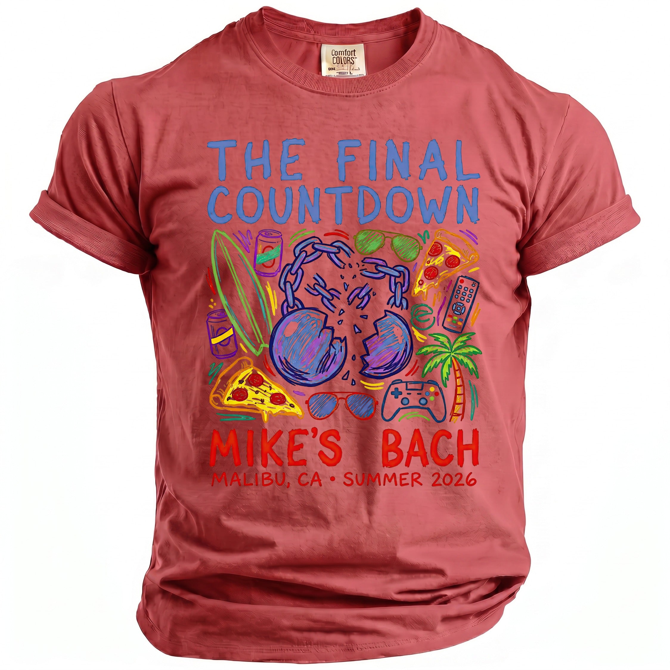Red t-shirt with "The Final Countdown" above broken chains and summer party icons.