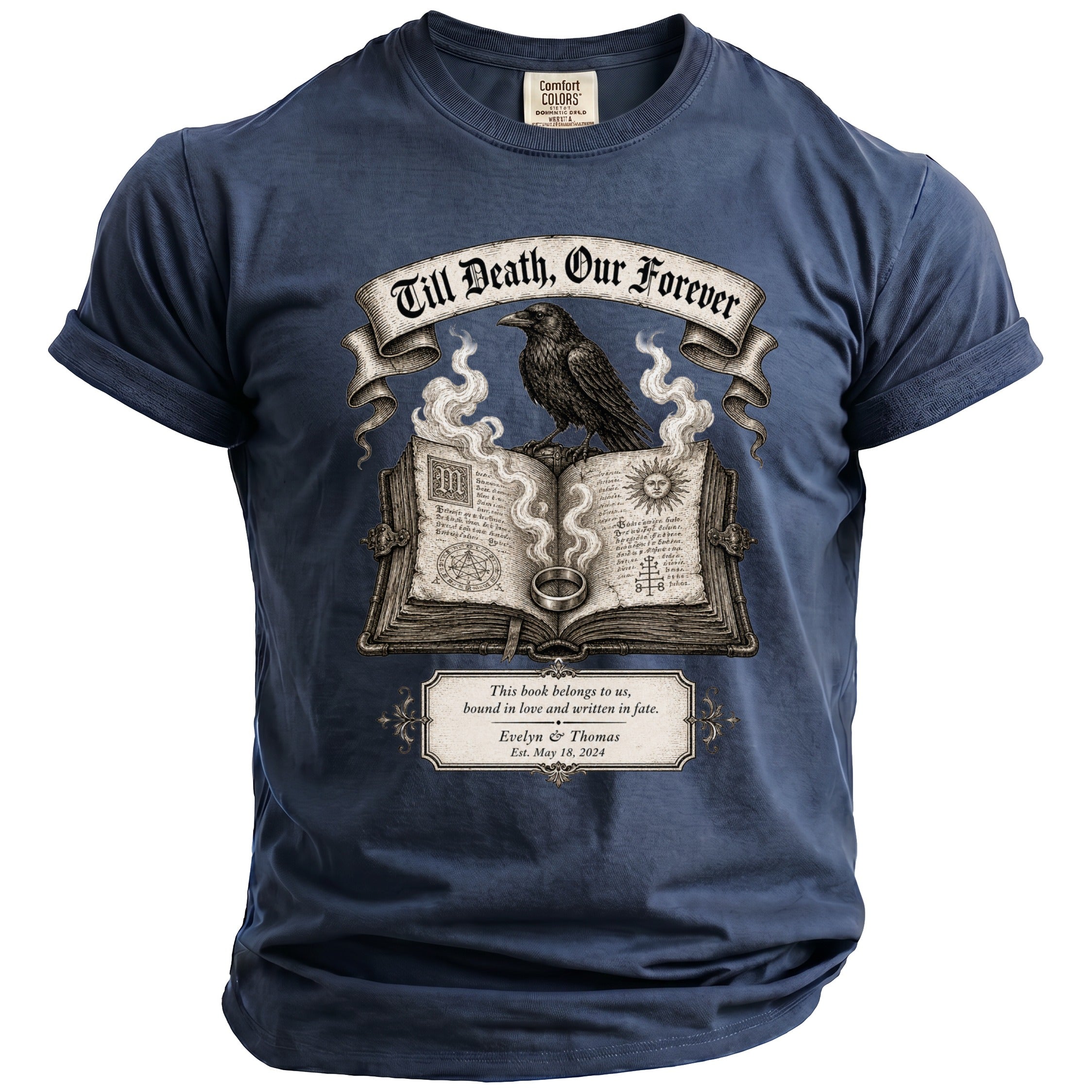 Dark blue shirt with "Till Death, Our Forever" design depicting a raven on a book.