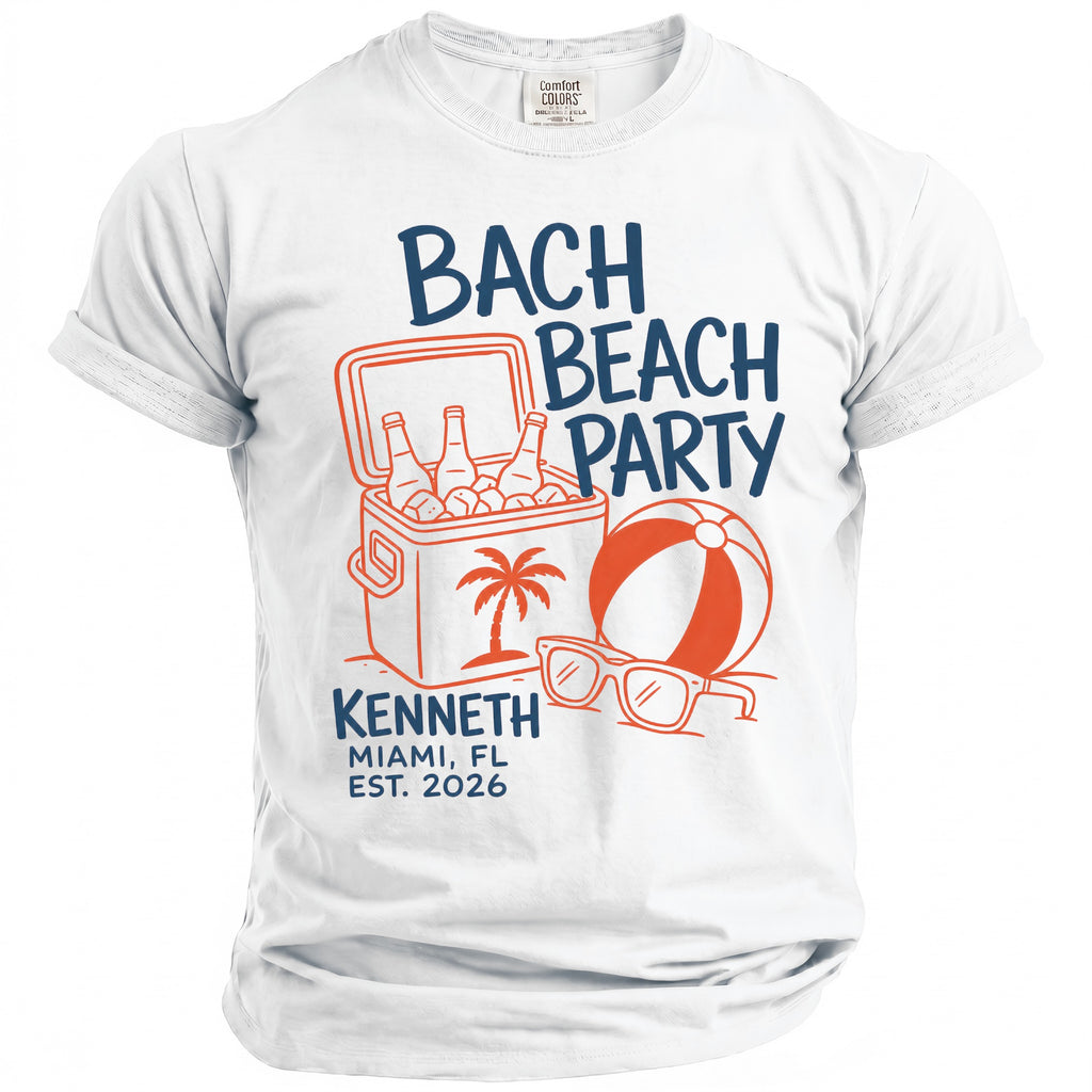 White t-shirt with "Bach Beach Party Kenneth Miami FL Est. 2026" graphic.
