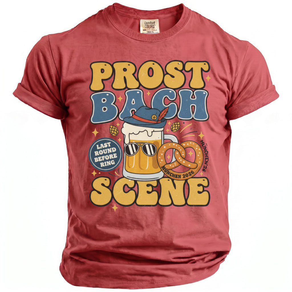 Prost Bach Scene shirt with beer, pretzel, and Oktoberfest text.