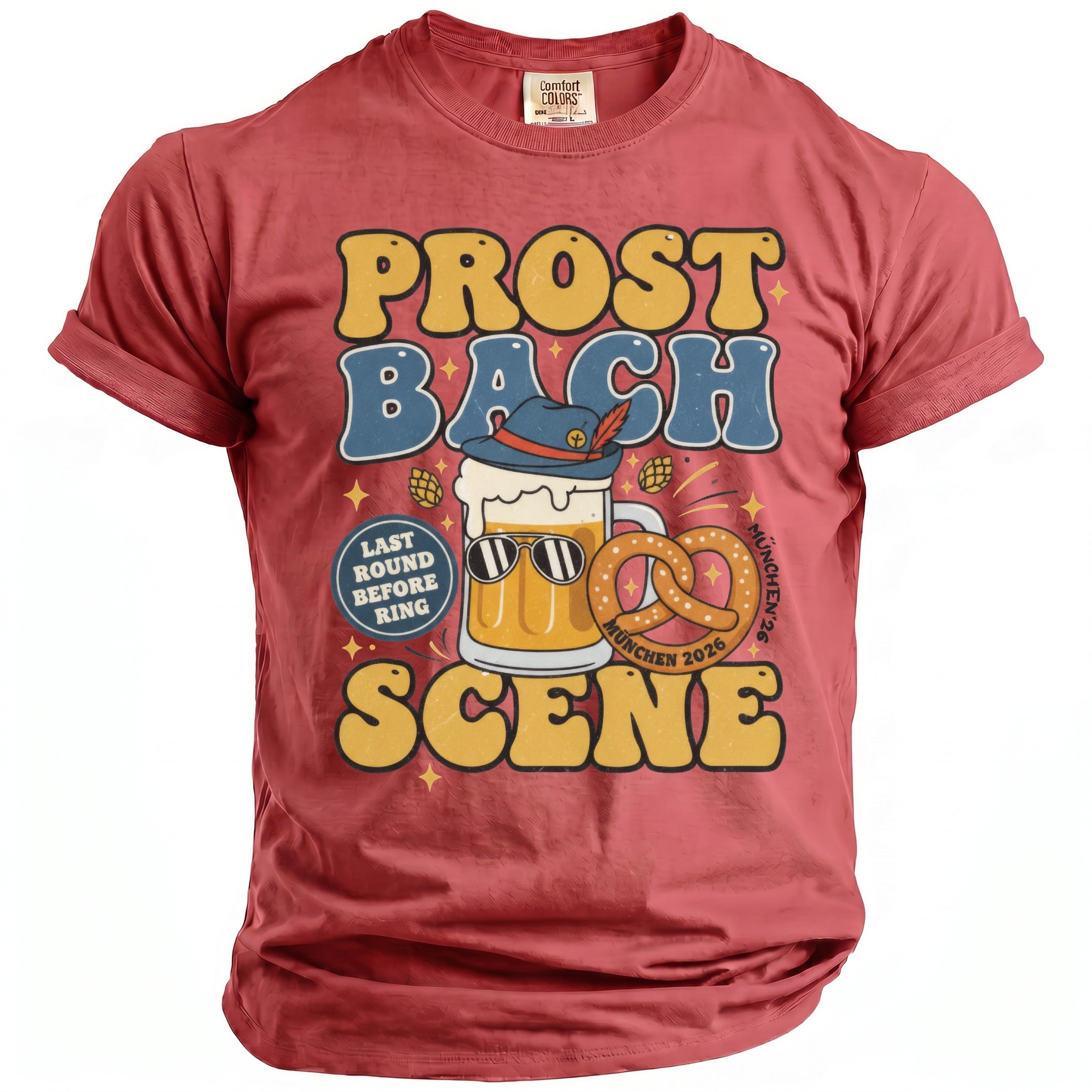 Prost Bach Scene shirt with beer, pretzel, and Oktoberfest text.