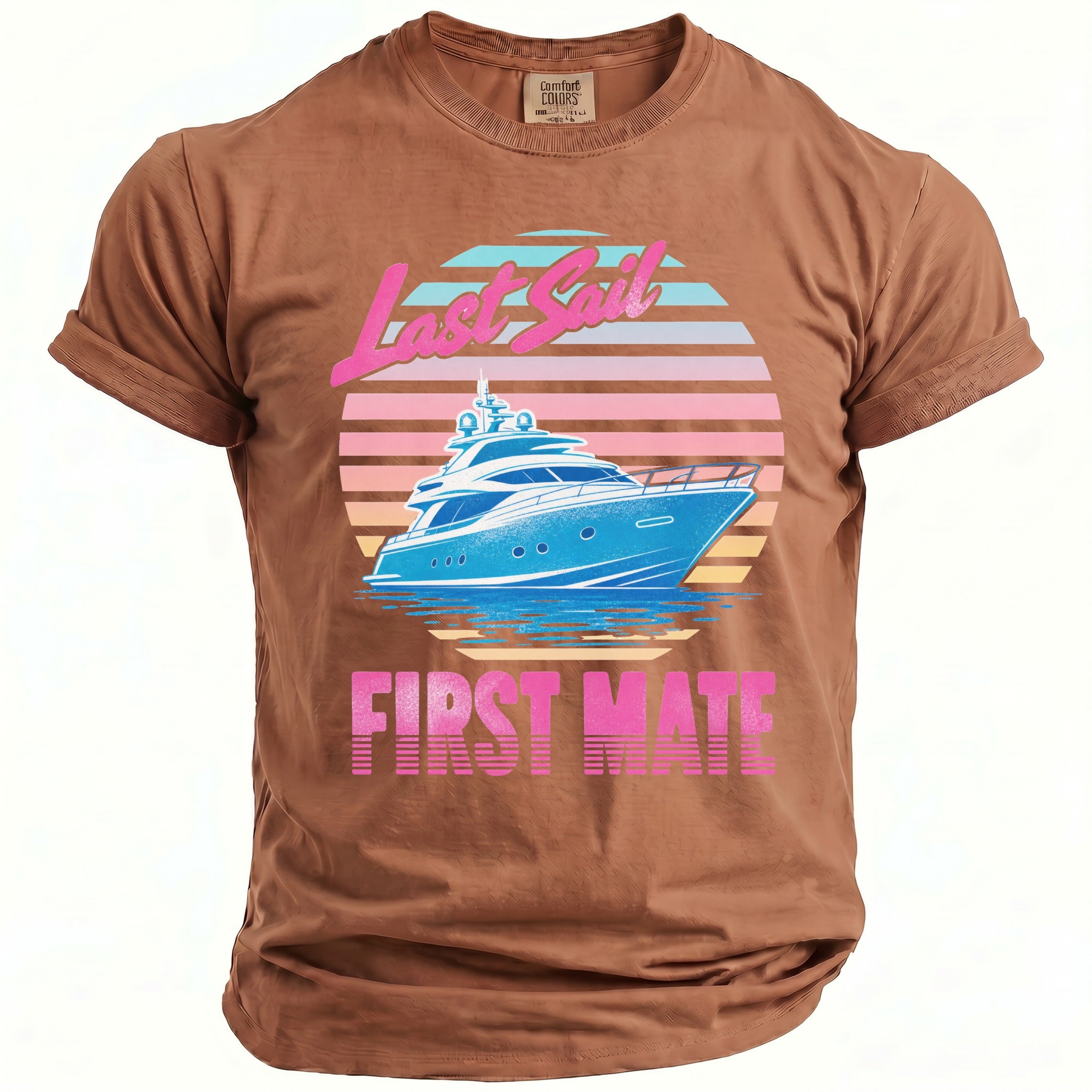 Brown crewneck t-shirt featuring a retro graphic of a blue yacht and sunset with the text Last Sail First Mate.