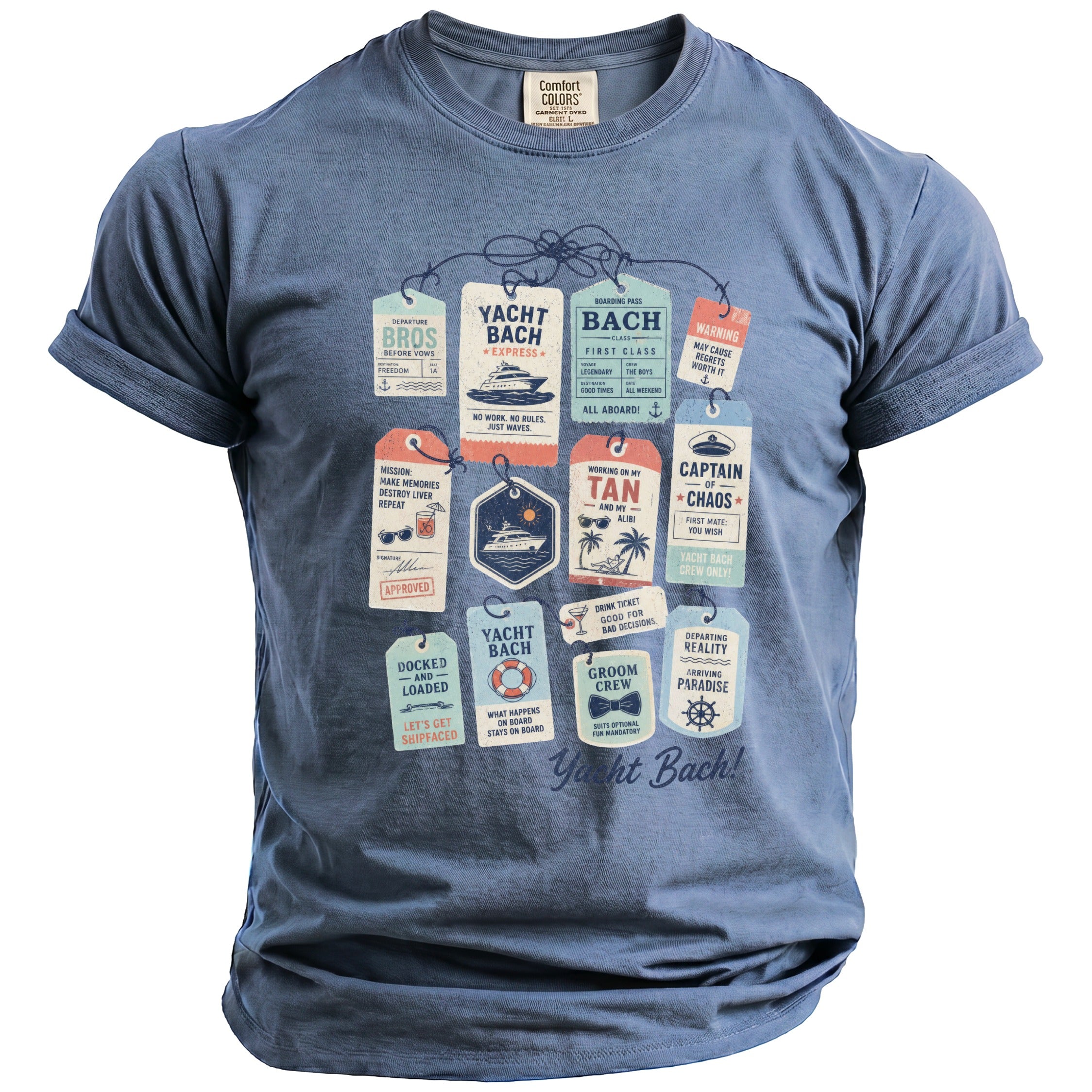 Blue t-shirt with various yacht bach themed tags printed on the front.