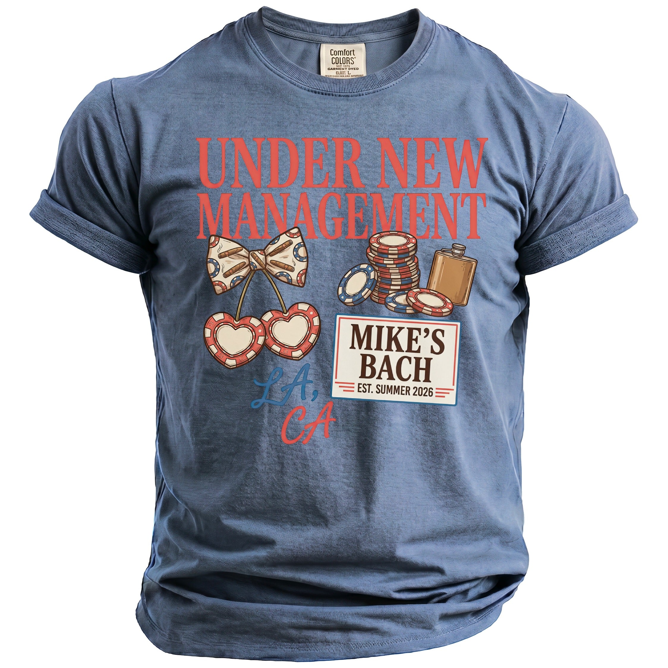 Blue t-shirt with "Under New Management" text and casino-themed graphics.