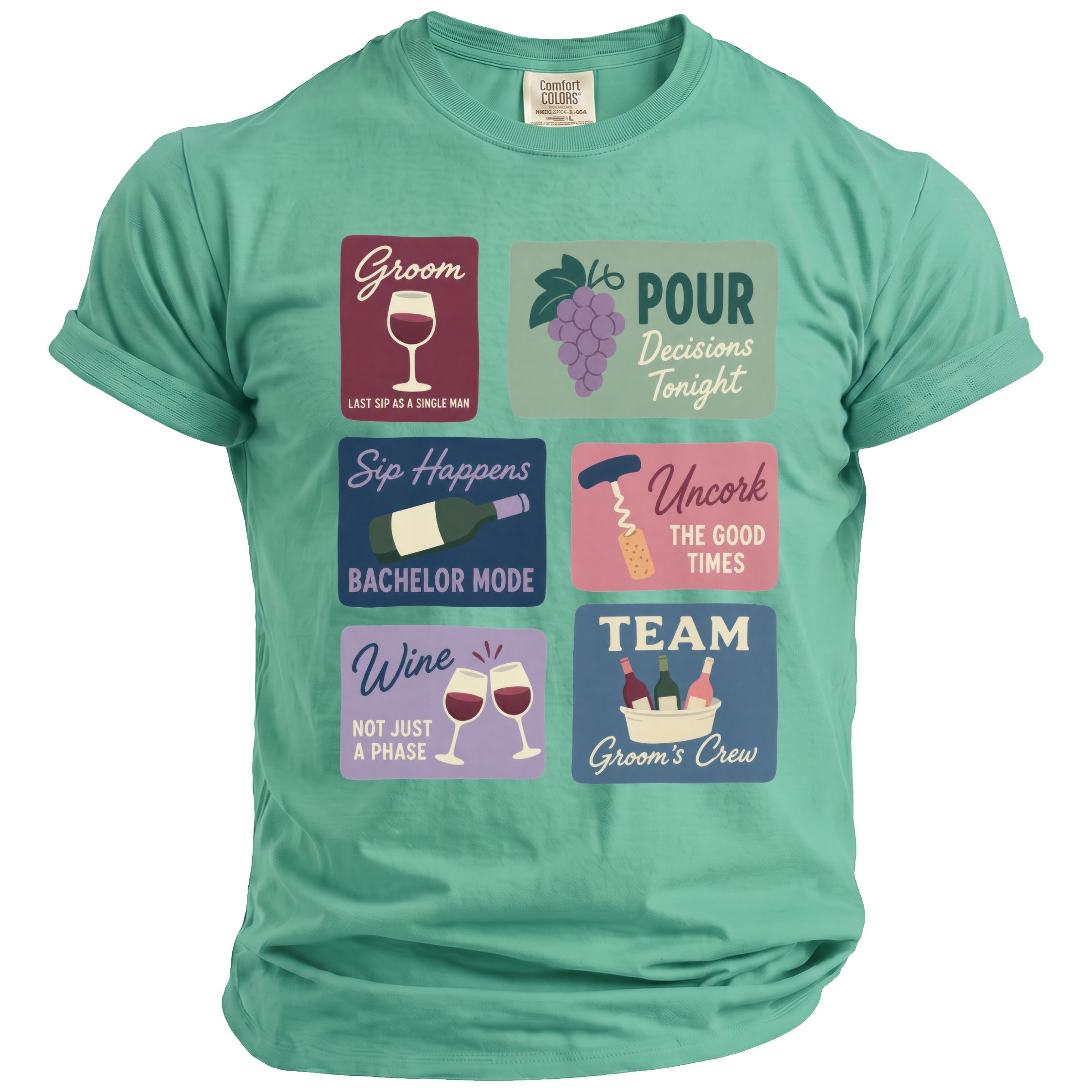 Teal t-shirt with graphic panels about weddings and wine.