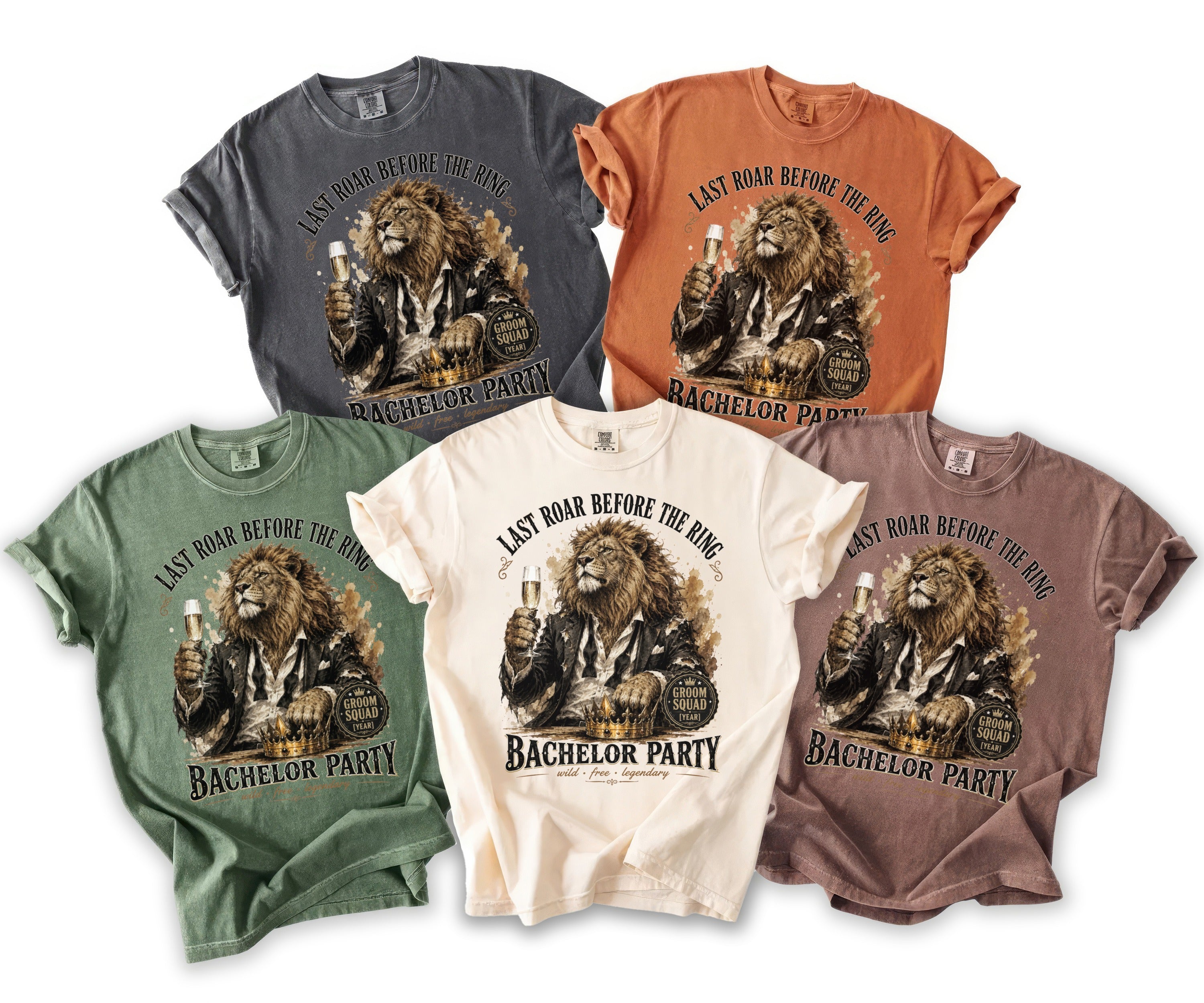 T-shirts in various colors featuring a lion in a suit, holding champagne, with "Bachelor Party" text.
