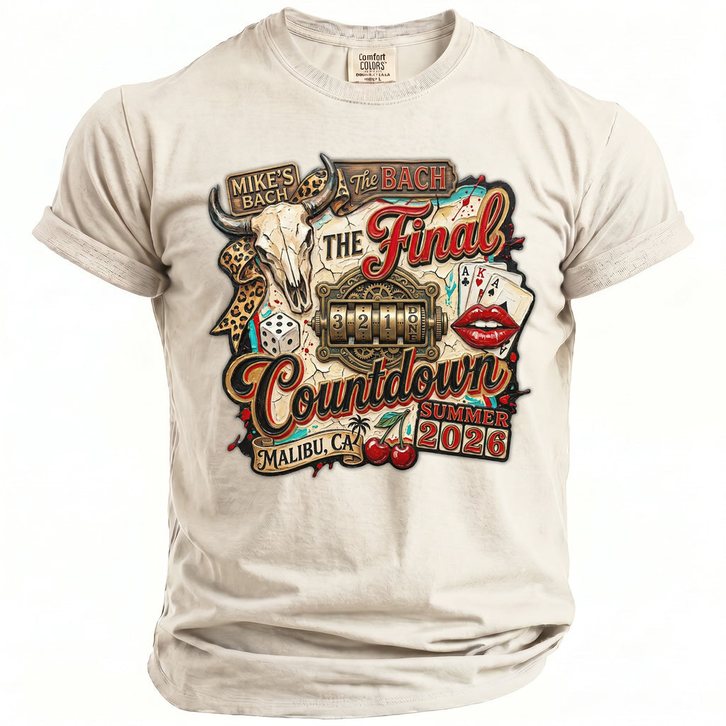 T-shirt graphic: "The Final Countdown" with bull skull, dice, cards, lips, and "Summer 2026".