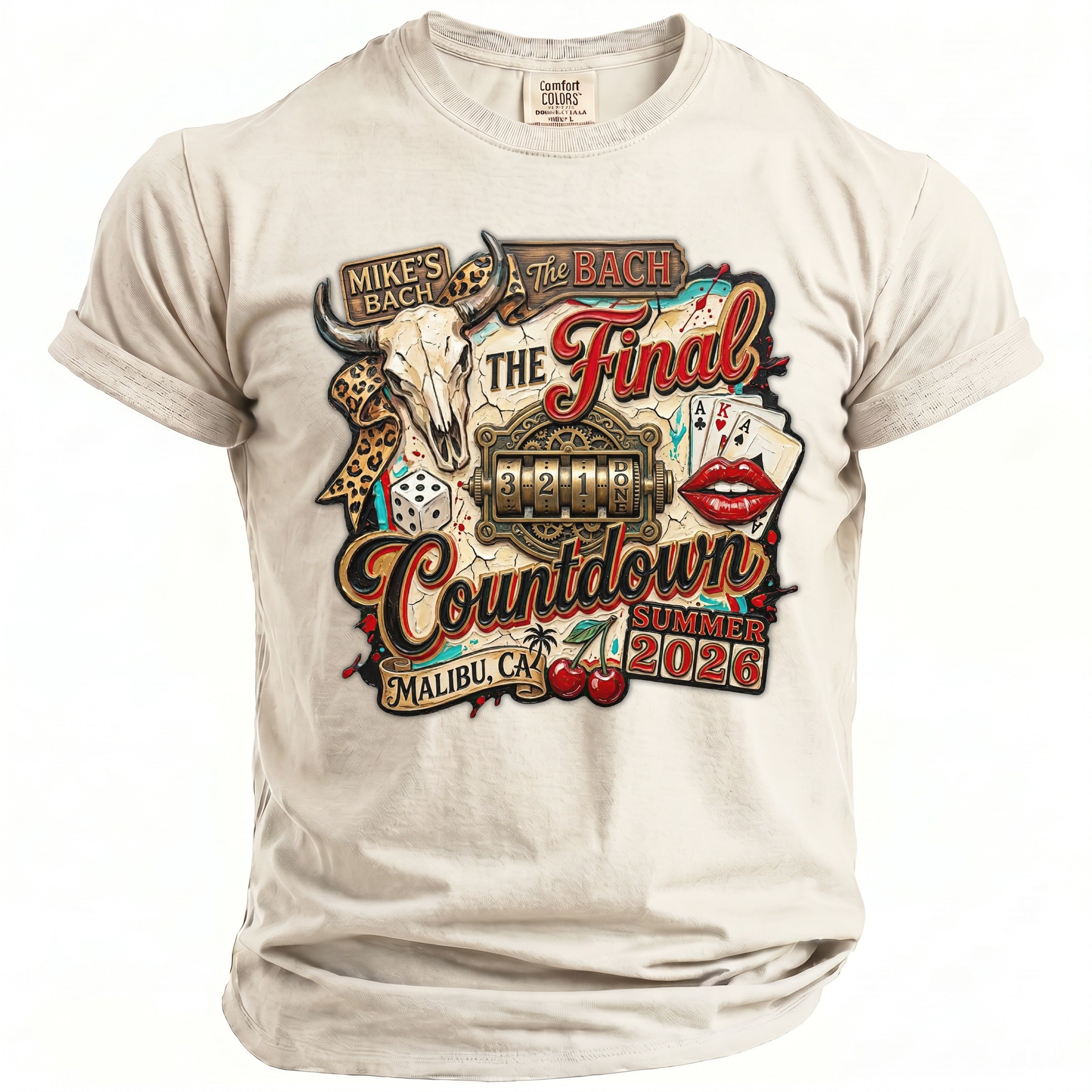 T-shirt graphic: "The Final Countdown" with bull skull, dice, cards, lips, and "Summer 2026".