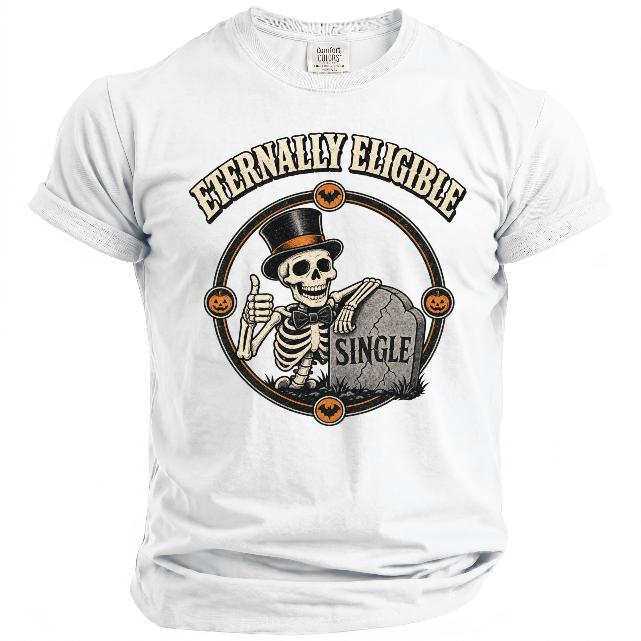 Skeleton in hat and bow tie gives thumbs up with "SINGLE" tombstone.