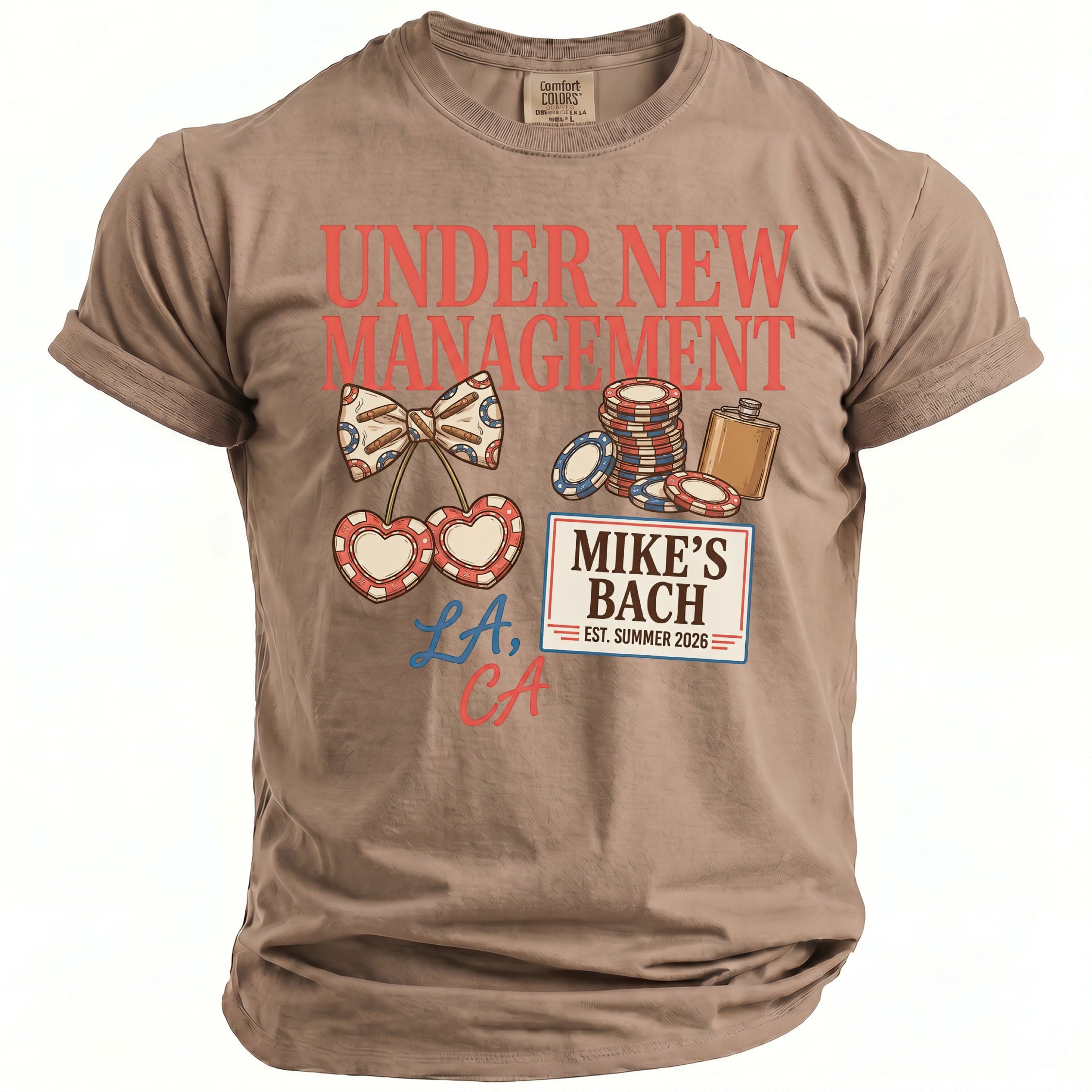 T-shirt with "Under New Management" text, casino chips, bow, and cherries.