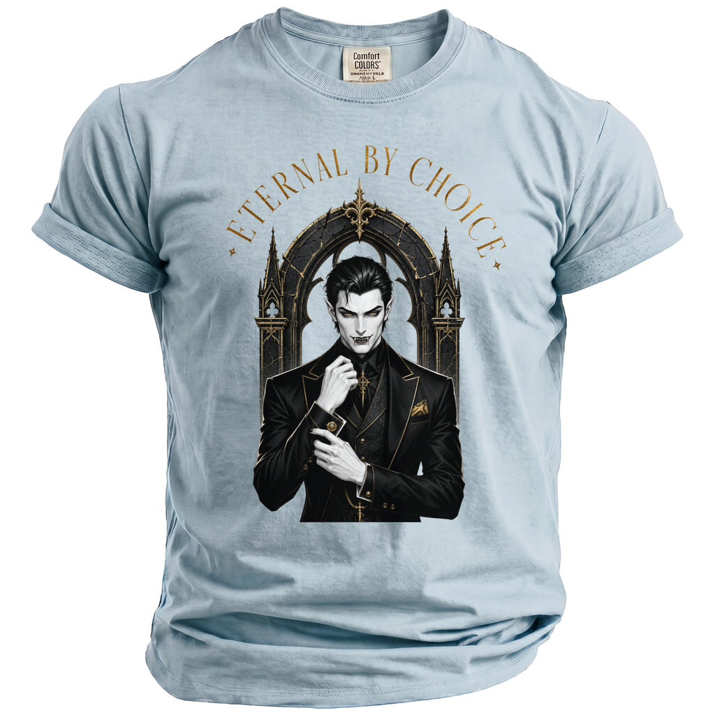 Light blue t-shirt with a gothic vampire illustration and gold text "ETERNAL BY CHOICE".