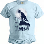 Light blue t-shirt with dark blue wolf graphic and text "Groom & Crew".