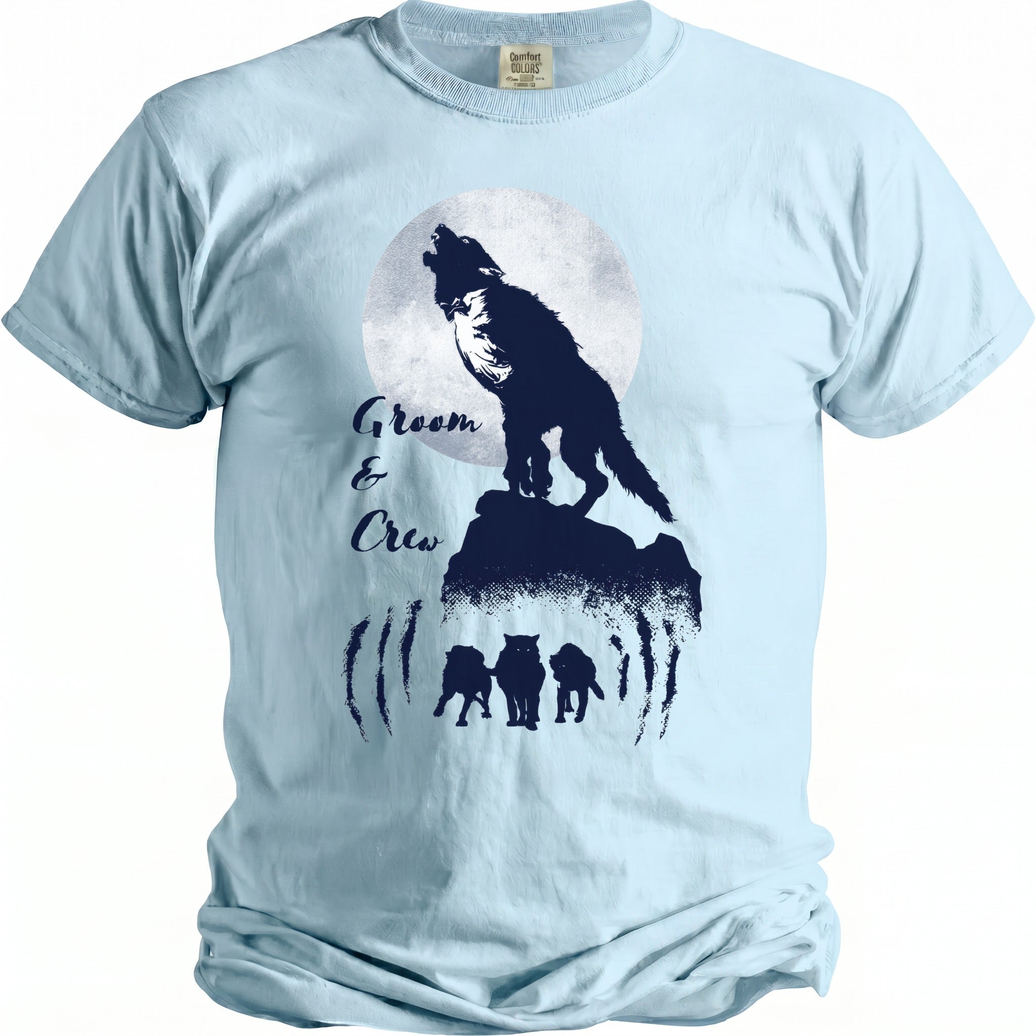 Light blue t-shirt with dark blue wolf graphic and text "Groom & Crew".