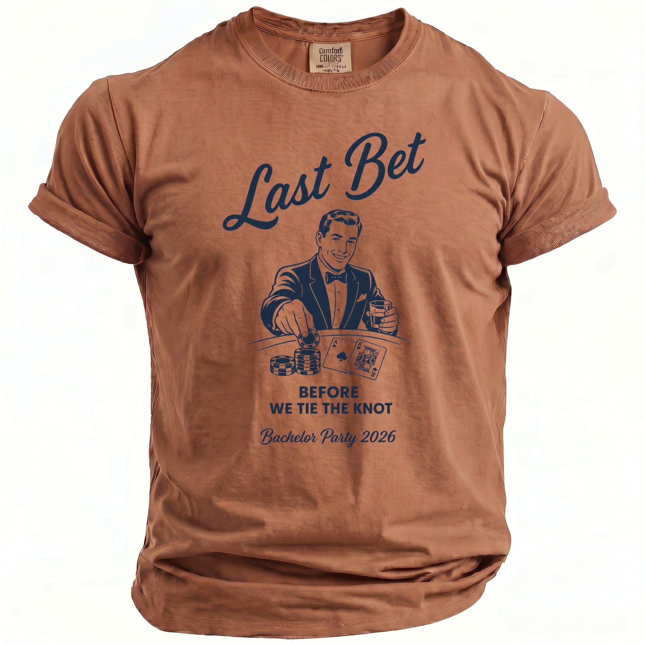 Brown t-shirt with a gambler graphic and text "Last Bet Before We Tie The Knot Bachelor Party 2026".