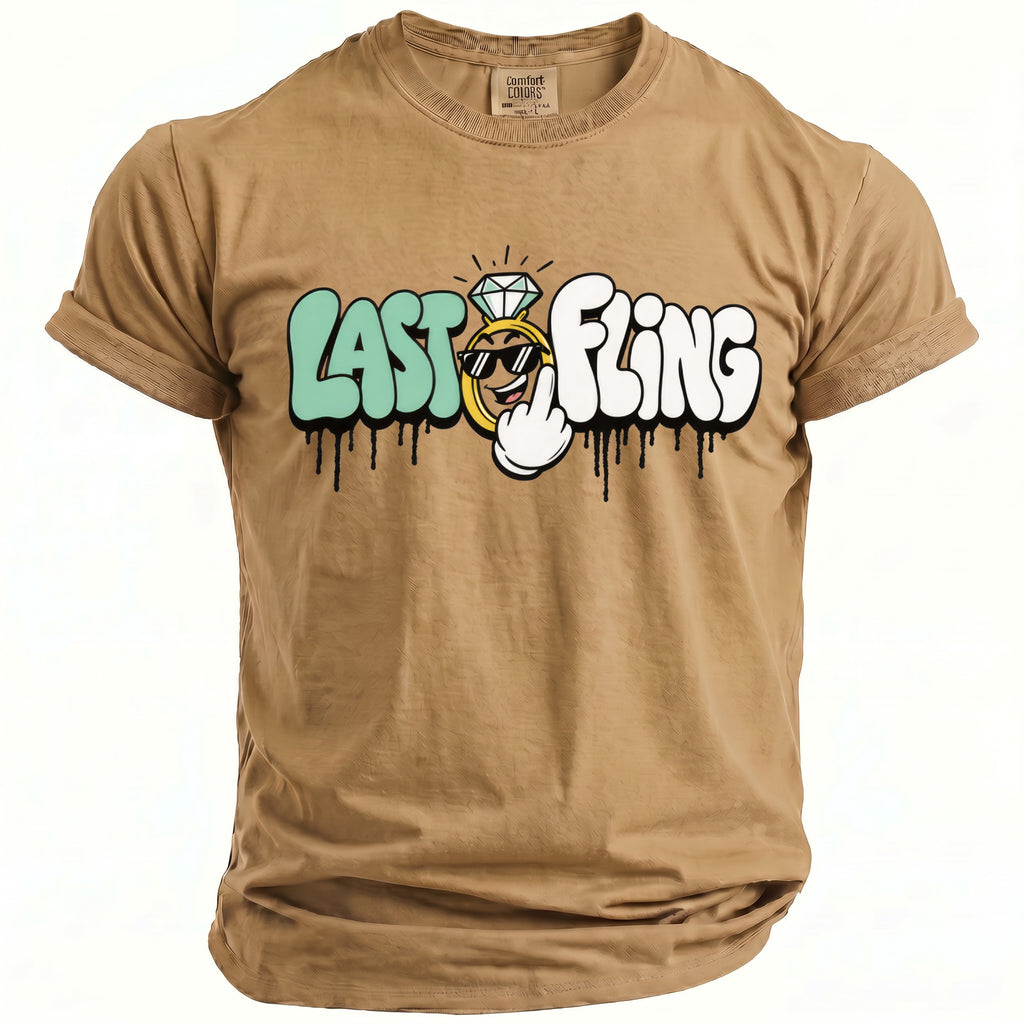 Tan t-shirt with "Last Fling" text and a cartoon character on the front.