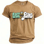 Tan t-shirt with "Last Fling" text and a cartoon character on the front.