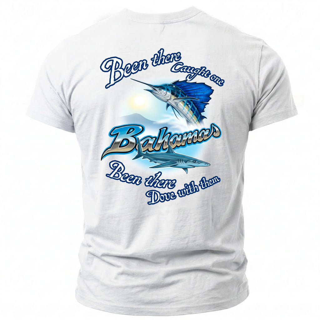 White shirt with Bahama fishing graphic: marlin, shark, sun, and text.
