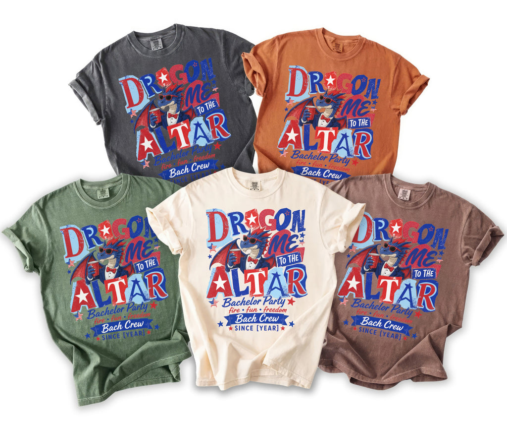 Five t-shirts in various colors, featuring a dragon graphic and "Dragon Me To The Altar" text.