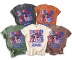 Five t-shirts in various colors, featuring a dragon graphic and "Dragon Me To The Altar" text.