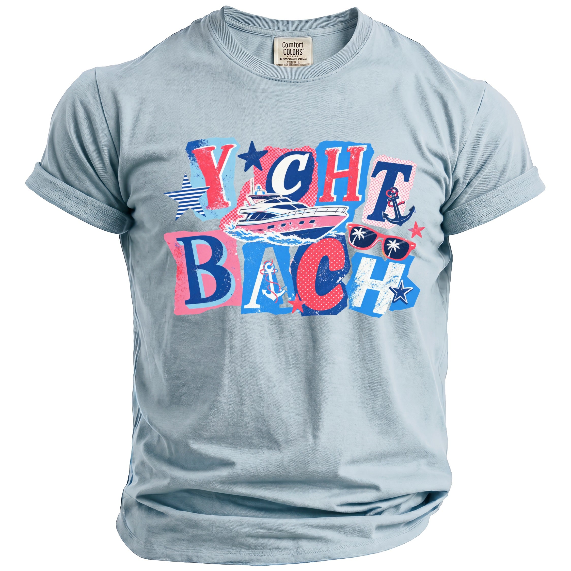 Light blue crewneck t-shirt featuring a nautical graphic with the text Yacht Bach, stars, anchor, and sunglasses.